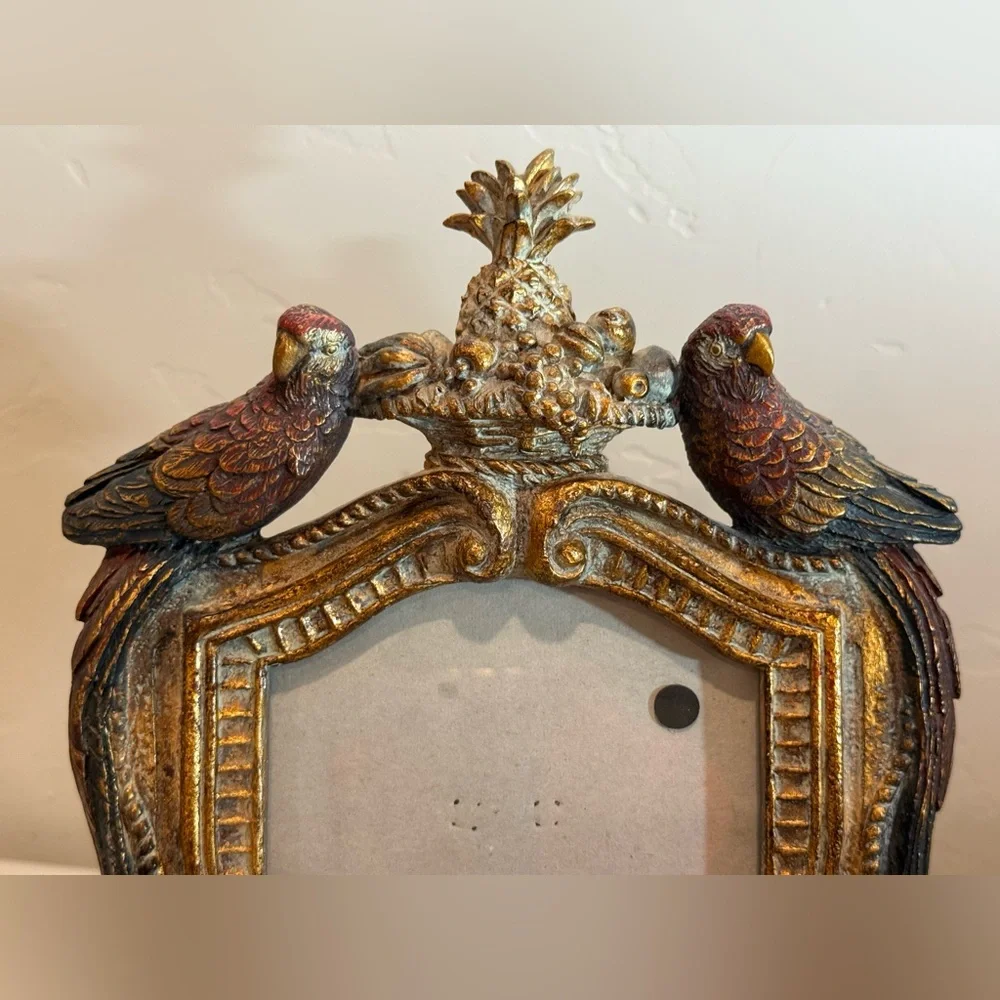 VINTAGE TROPIC OF PARADISE PARROT PHOTO FRAME W/ FRUIT BASKET 4” X 6” Hand Paint